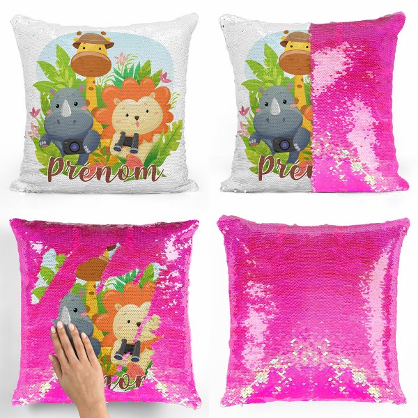 coussin pillow mermaid à sequin magique enfant reversible et personnalisable avec motif animaux de la jungle de couleur rose nacré