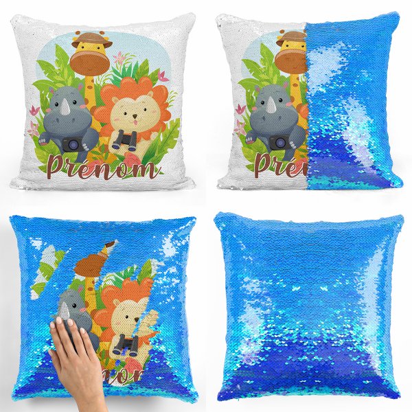 coussin pillow mermaid à sequin magique enfant reversible et personnalisable avec motif animaux de la jungle de couleur bleu nacré