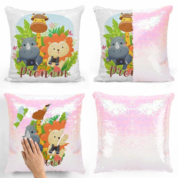 coussin pillow mermaid à sequin magique enfant reversible et personnalisable avec motif animaux de la jungle de couleur blanc nacré