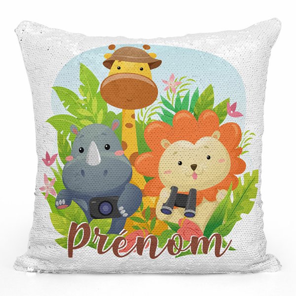 coussin pillow mermaid à sequin magique enfant reversible et personnalisable avec motif animaux de la jungle