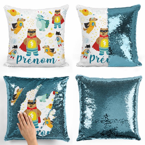 coussin pillow mermaid à sequin magique enfant reversible et personnalisable avec motif animaux super-héros de couleur bleu clair