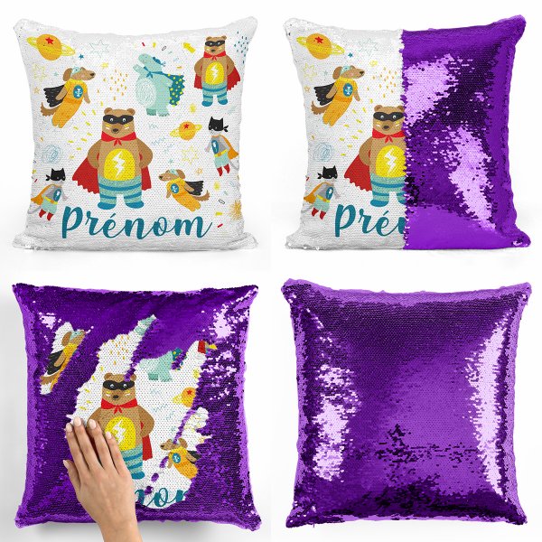 coussin pillow mermaid à sequin magique enfant reversible et personnalisable avec motif animaux super-héros de couleur violet