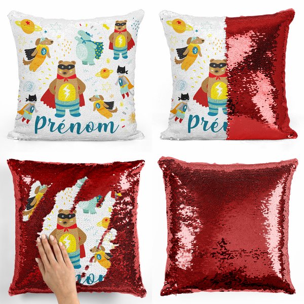 coussin pillow mermaid à sequin magique enfant reversible et personnalisable avec motif animaux super-héros de couleur rouge