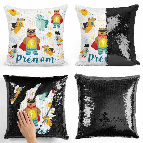 coussin pillow mermaid à sequin magique enfant reversible et personnalisable avec motif animaux super-héros de couleur noir