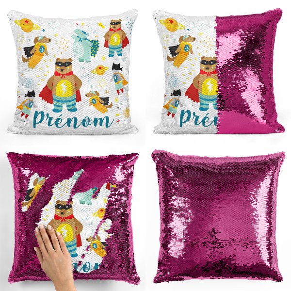 coussin pillow mermaid à sequin magique enfant reversible et personnalisable avec motif animaux super-héros de couleur fushia