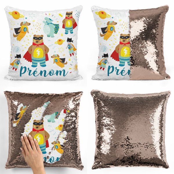 coussin pillow mermaid à sequin magique enfant reversible et personnalisable avec motif animaux super-héros de couleur champagne