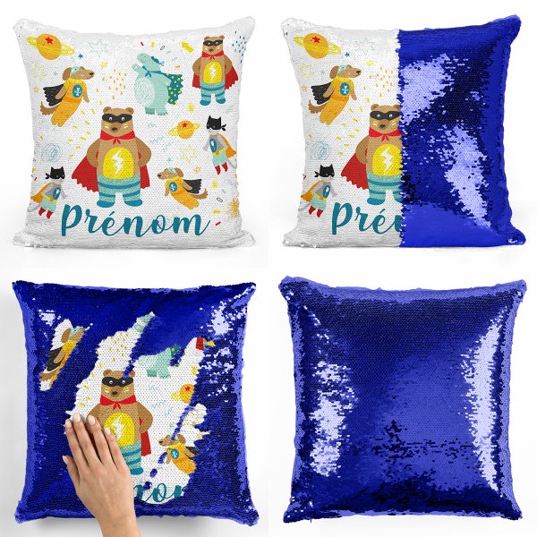 coussin pillow mermaid à sequin magique enfant reversible et personnalisable avec motif animaux super-héros de couleur bleu foncé