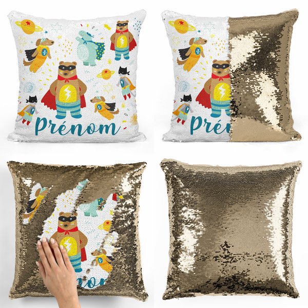 coussin pillow mermaid à sequin magique enfant reversible et personnalisable avec motif animaux super-héros de couleur or doré