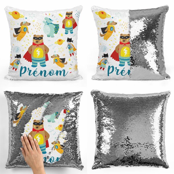 coussin pillow mermaid à sequin magique enfant reversible et personnalisable avec motif animaux super-héros de couleur argent