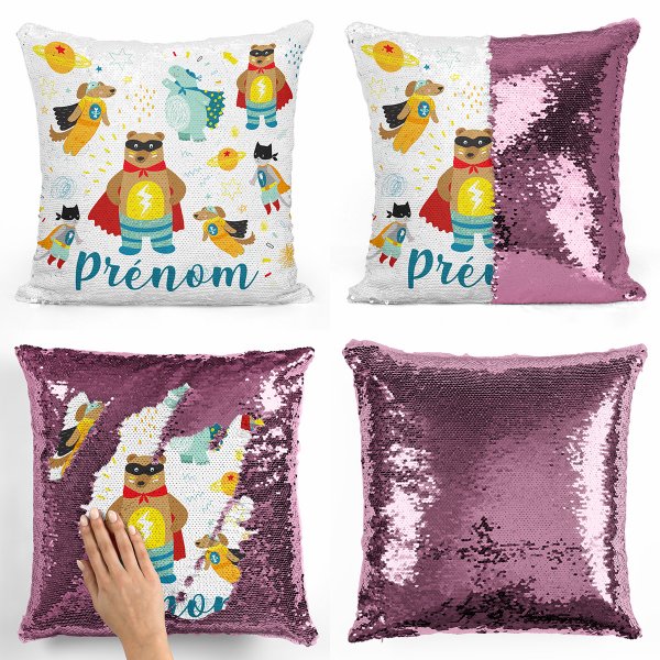coussin pillow mermaid à sequin magique enfant reversible et personnalisable avec motif animaux super-héros de couleur rose clair