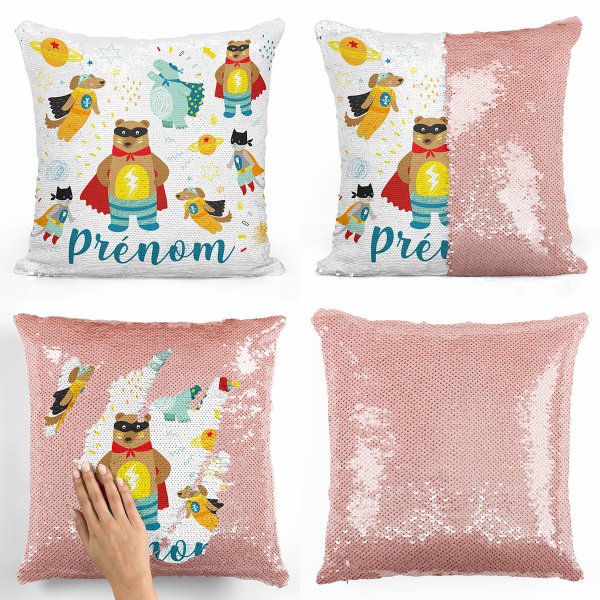 coussin pillow mermaid à sequin magique enfant reversible et personnalisable avec motif animaux super-héros de couleur saumon