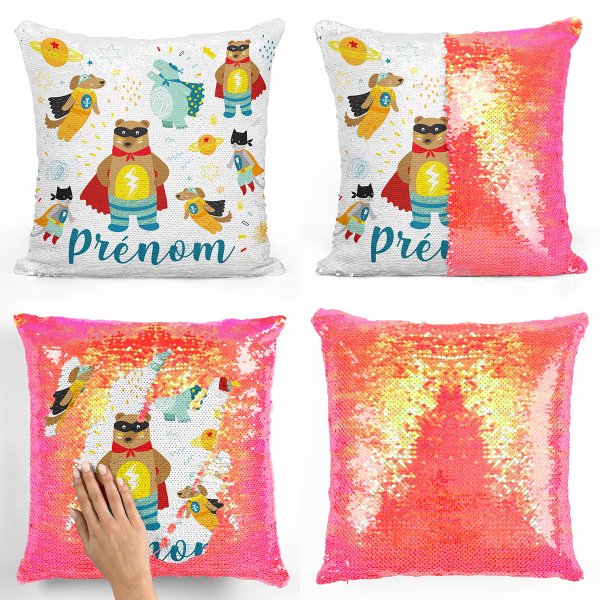 coussin pillow mermaid à sequin magique enfant reversible et personnalisable avec motif animaux super-héros de couleur orange nacré