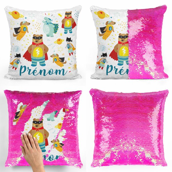 coussin pillow mermaid à sequin magique enfant reversible et personnalisable avec motif animaux super-héros de couleur rose nacré