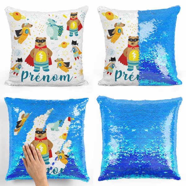 coussin pillow mermaid à sequin magique enfant reversible et personnalisable avec motif animaux super-héros de couleur bleu nacré