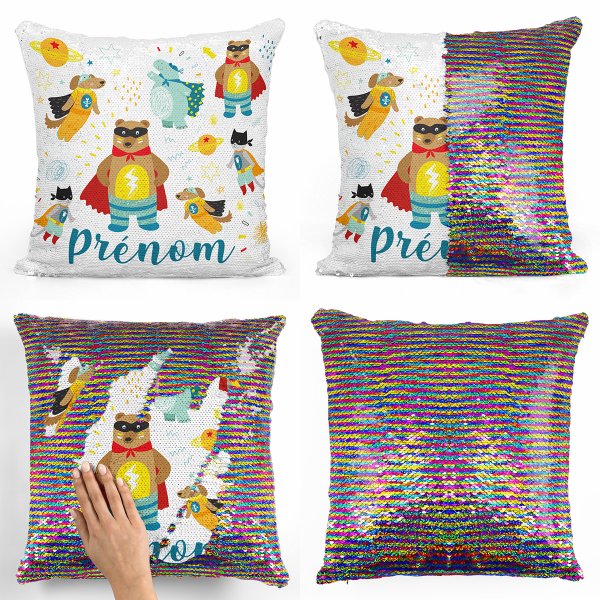 coussin pillow mermaid à sequin magique enfant reversible et personnalisable avec motif animaux super-héros de couleur multicolore