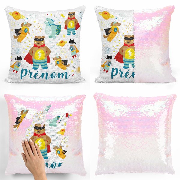 coussin pillow mermaid à sequin magique enfant reversible et personnalisable avec motif animaux super-héros de couleur blanc nacré