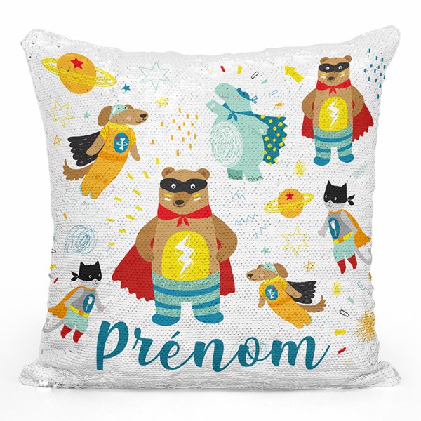 coussin pillow mermaid à sequin magique enfant reversible et personnalisable avec motif animaux super-héros