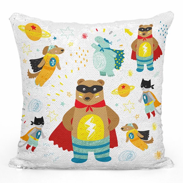 coussin pillow mermaid à sequin magique enfant reversible avec motif animaux super-héros