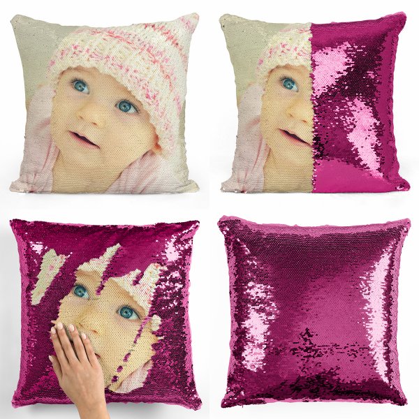 Coussin pillow mermaid à sequin magique reversible et personnalisable avec photo de couleur fushia