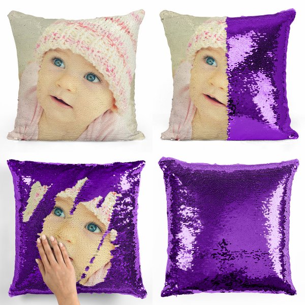 Coussin pillow mermaid à sequin magique reversible et personnalisable avec photo de couleur violet