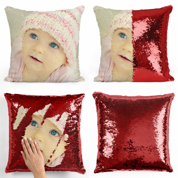 Coussin pillow mermaid à sequin magique reversible et personnalisable avec photo de couleur rouge