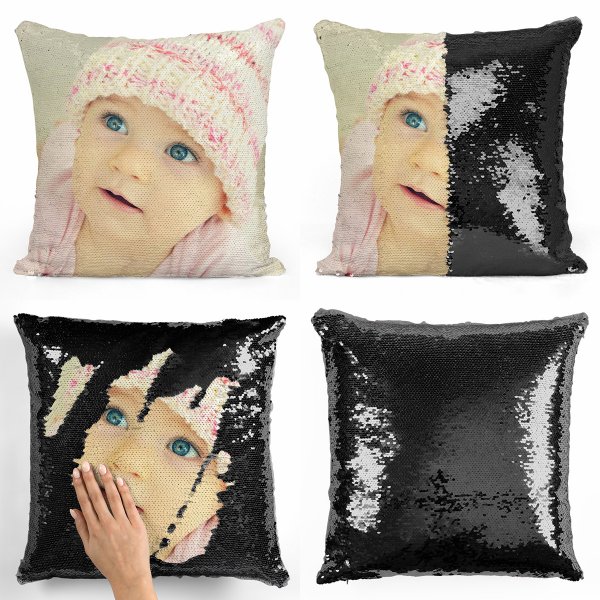 Coussin pillow mermaid à sequin magique reversible et personnalisable avec photo de couleur noir