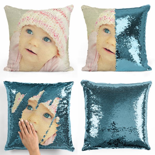 Coussin pillow mermaid à sequin magique reversible et personnalisable avec photo de couleur bleu clair