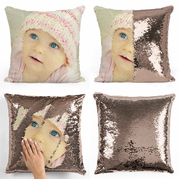 Coussin pillow mermaid à sequin magique reversible et personnalisable avec photo de couleur champagne