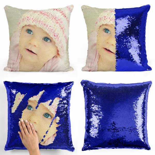 Coussin pillow mermaid à sequin magique reversible et personnalisable avec photo de couleur bleu foncé