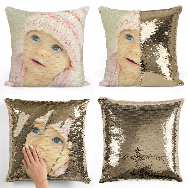 Coussin pillow mermaid à sequin magique reversible et personnalisable avec photo de couleur or doré