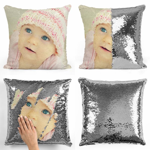 Coussin pillow mermaid à sequin magique reversible et personnalisable avec photo de couleur argent