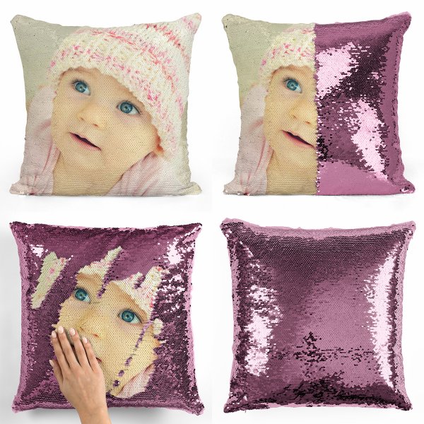 Coussin pillow mermaid à sequin magique reversible et personnalisable avec photo de couleur rose clair