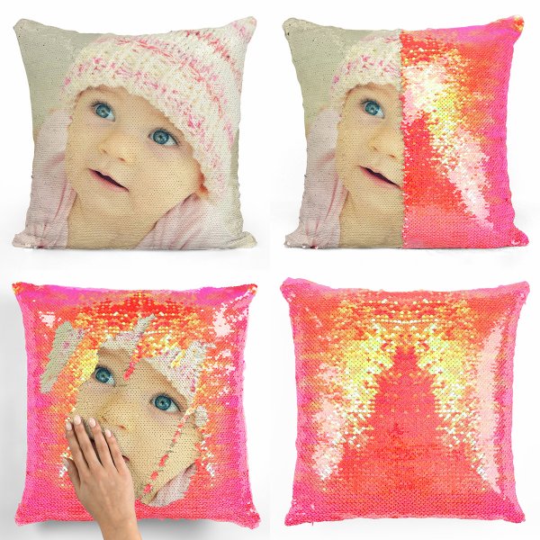 Coussin pillow mermaid à sequin magique reversible et personnalisable avec photo de couleur orange nacré