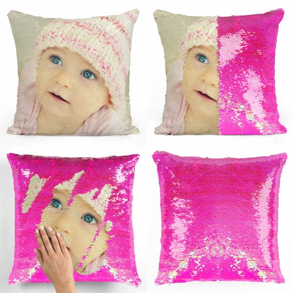 Coussin pillow mermaid à sequin magique reversible et personnalisable avec photo de couleur rose nacré