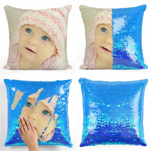 Coussin pillow mermaid à sequin magique reversible et personnalisable avec photo de couleur bleu nacré