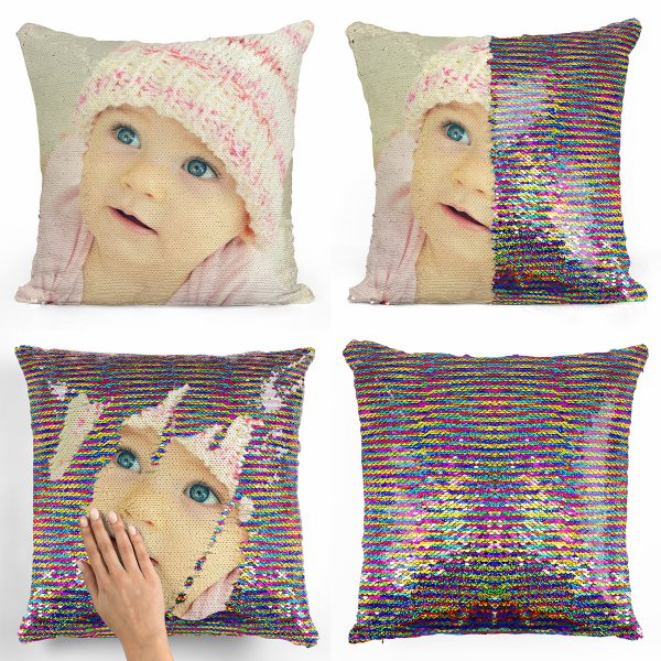 Coussin pillow mermaid à sequin magique reversible et personnalisable avec photo de couleur multicolore