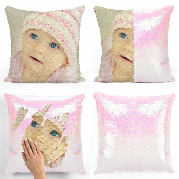 Coussin pillow mermaid à sequin magique reversible et personnalisable avec photo de couleur blanc nacré