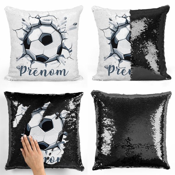 coussin pillow mermaid à sequin magique enfant reversible et personnalisable avec motif ballon de foot de couleur noir