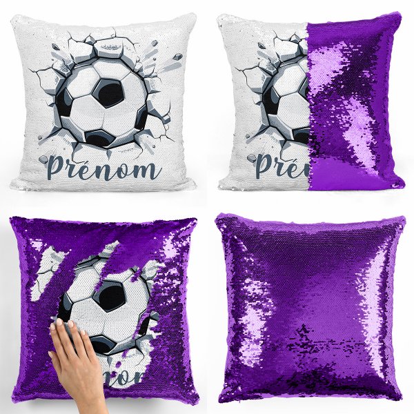 coussin pillow mermaid à sequin magique enfant reversible et personnalisable avec motif ballon de foot de couleur violet