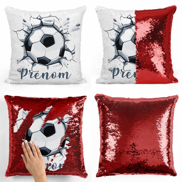 coussin pillow mermaid à sequin magique enfant reversible et personnalisable avec motif ballon de foot de couleur rouge