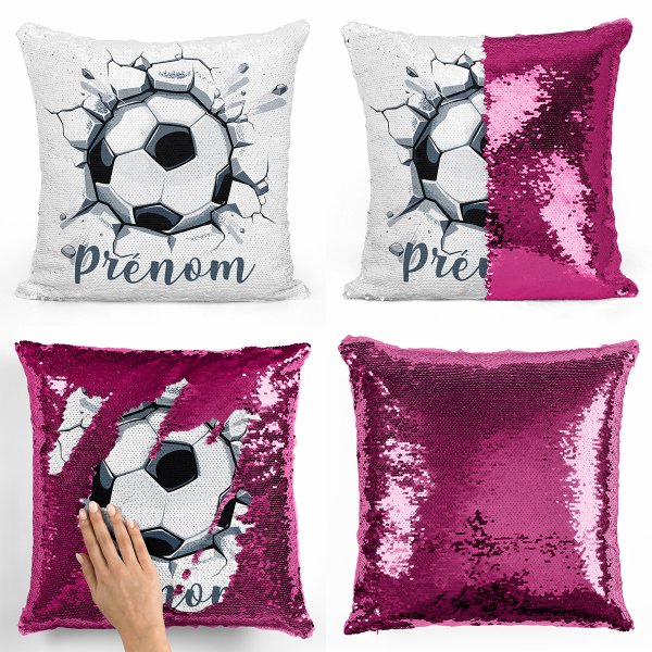 coussin pillow mermaid à sequin magique enfant reversible et personnalisable avec motif ballon de foot de couleur fushia