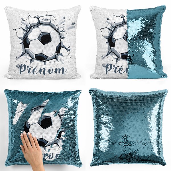 coussin pillow mermaid à sequin magique enfant reversible et personnalisable avec motif ballon de foot de couleur bleu clair