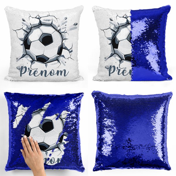 coussin pillow mermaid à sequin magique enfant reversible et personnalisable avec motif ballon de foot de couleur bleu foncé