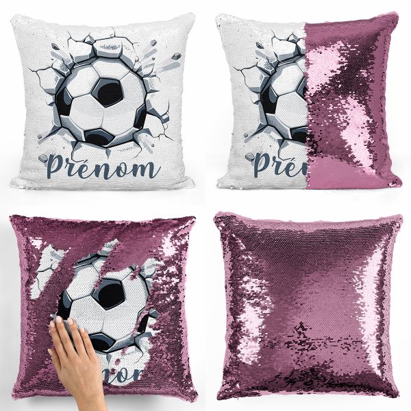 coussin pillow mermaid à sequin magique enfant reversible et personnalisable avec motif ballon de foot de couleur rose clair