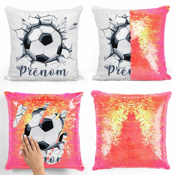 coussin pillow mermaid à sequin magique enfant reversible et personnalisable avec motif ballon de foot de couleur orange nacré