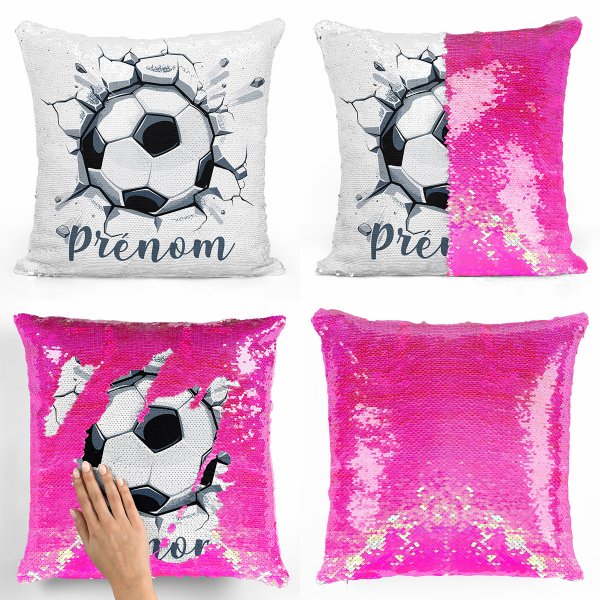 coussin pillow mermaid à sequin magique enfant reversible et personnalisable avec motif ballon de foot de couleur rose nacré