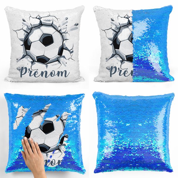 coussin pillow mermaid à sequin magique enfant reversible et personnalisable avec motif ballon de foot de couleur bleu nacré