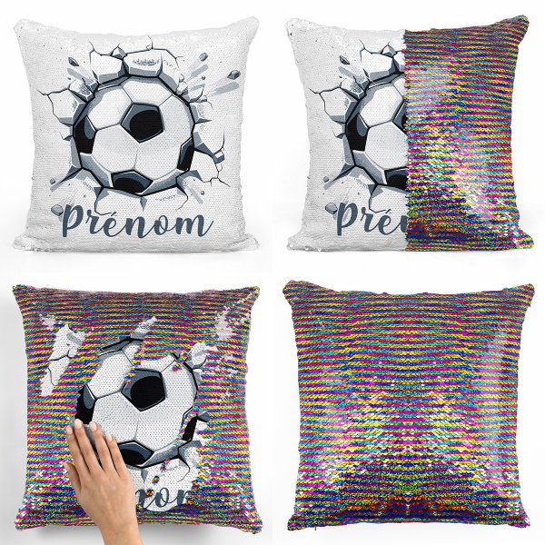 coussin pillow mermaid à sequin magique enfant reversible et personnalisable avec motif ballon de foot de couleur multicolore