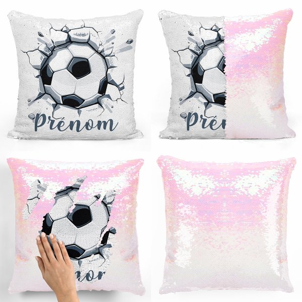 coussin pillow mermaid à sequin magique enfant reversible et personnalisable avec motif ballon de foot de couleur blanc nacré