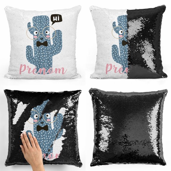 coussin pillow mermaid à sequin magique enfant reversible et personnalisable avec motif cactus de couleur noir